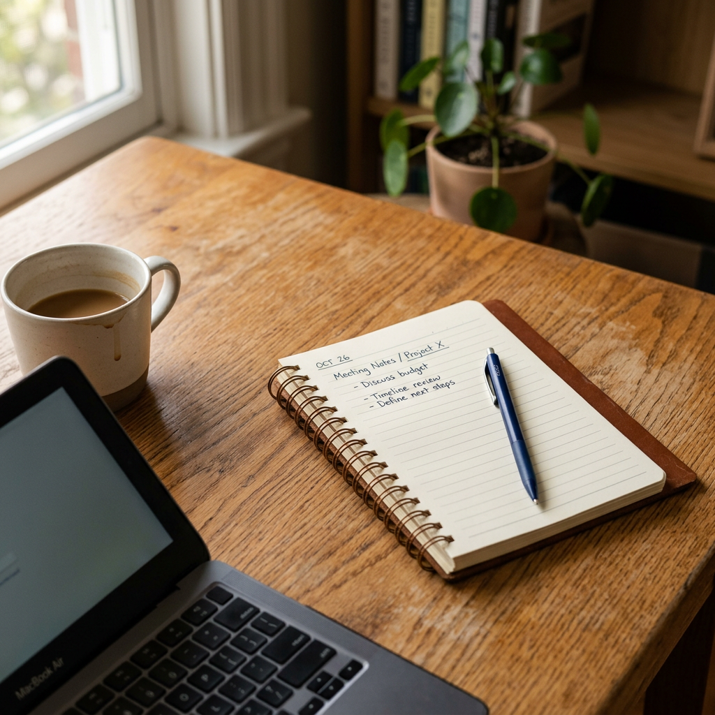Notebook with meeting notes, pen on desk near coffee cup and laptop
