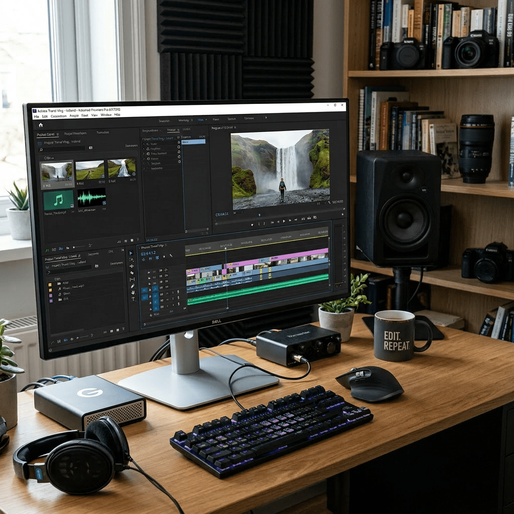Person editing video project featuring waterfall scene on desktop computer